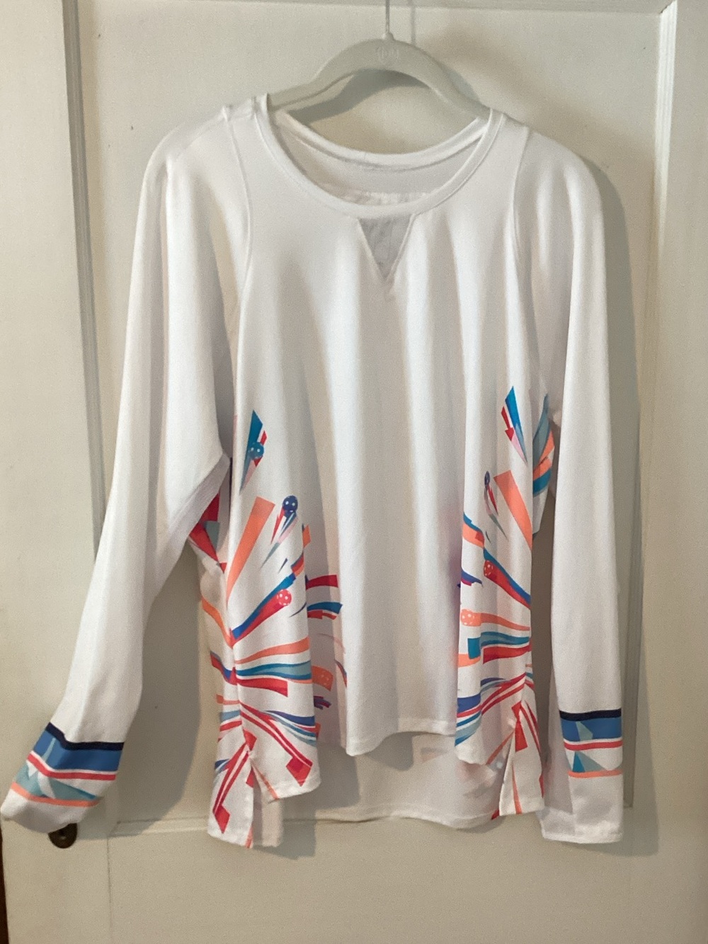 Lucky in Love Pickleball White Long Sleeve Tee with Coral, Blue & Pink Graphic